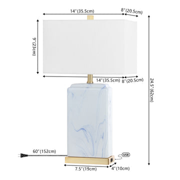 Chloe 24.5" Modern Coastal Iron/Marbled Ceramic LED Table Lamp with USB Charging Port - JONATHAN Y